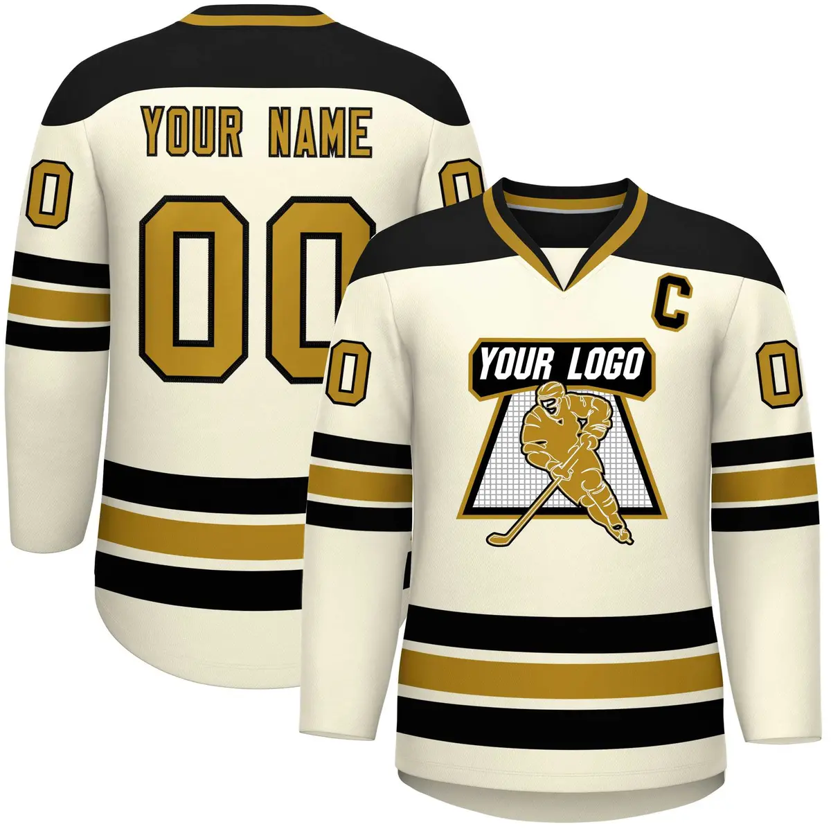 Cream Black-Old Gold Classic V-Neck Hockey Jersey