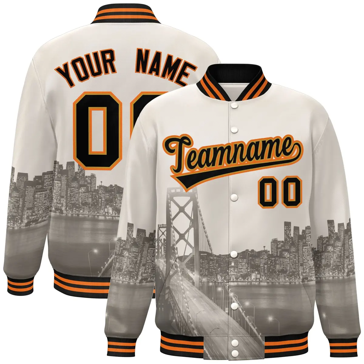 Cream Black Old Gold San Francisco Skyline Varsity Full-Snap Jacket