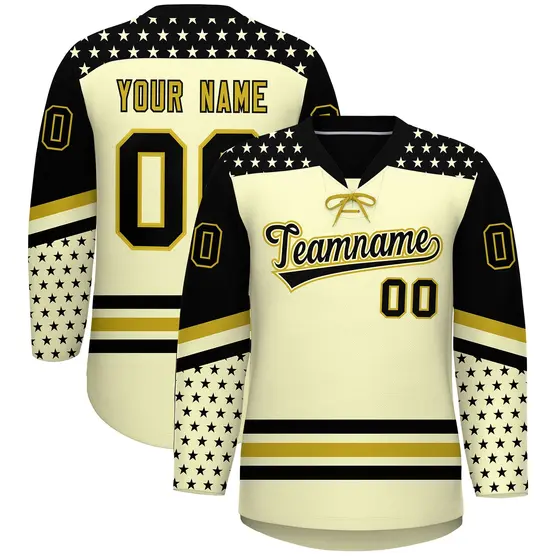 Cream Black Old Gold Star Series Lace-Up Neck Hockey Jersey