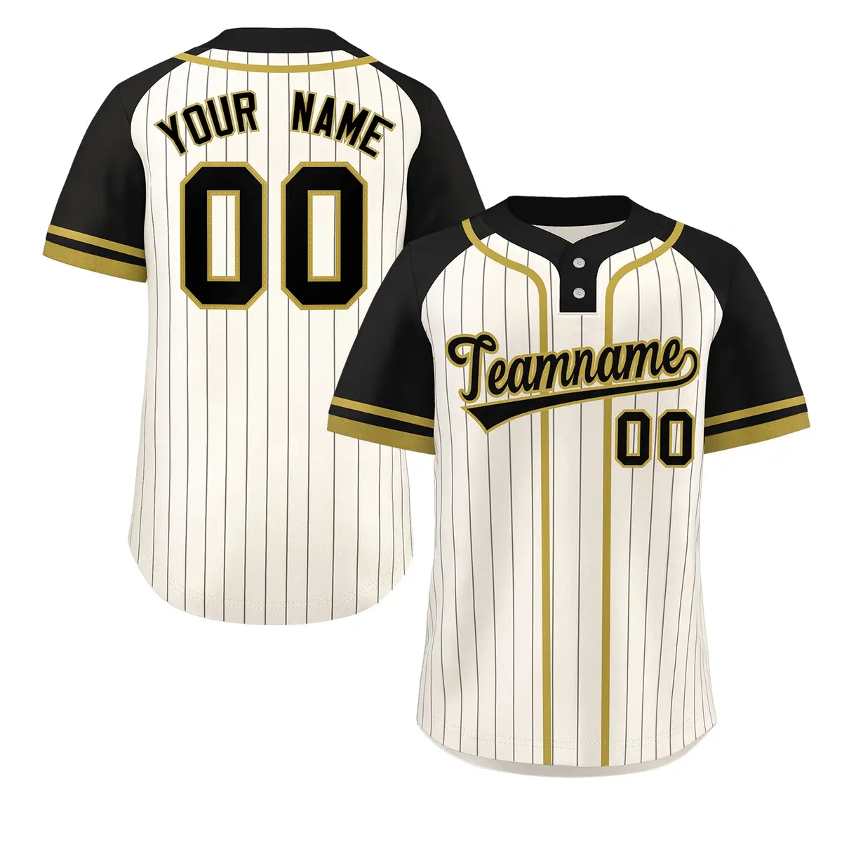 Cream Black-Old Gold Stripe Raglan Two-Button Softball Jersey