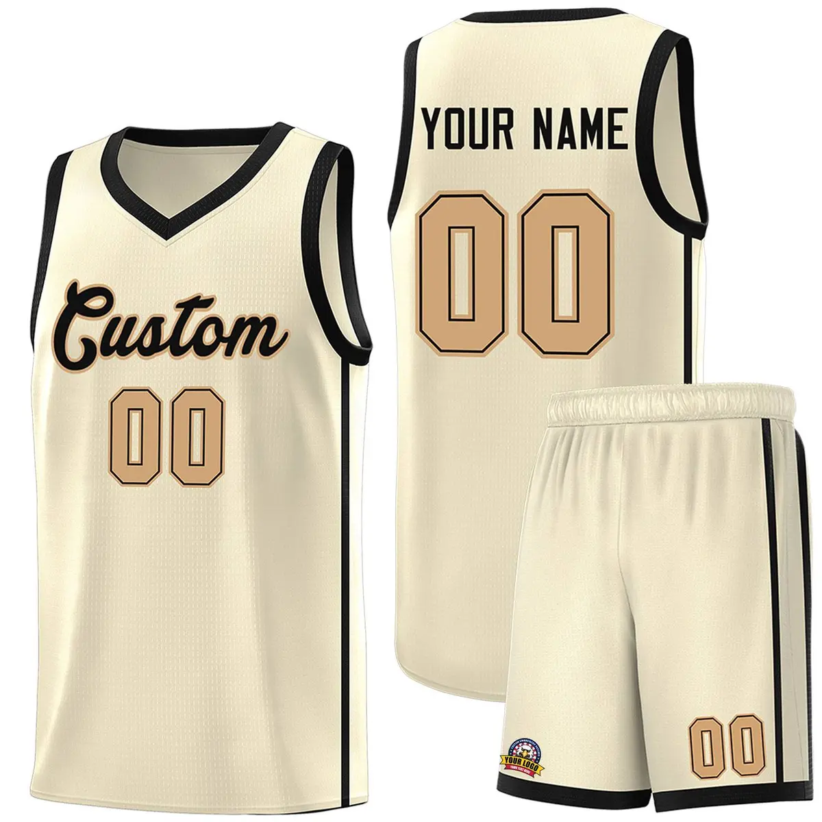 Cream Black-Old Gold Two Bars Basketball Uniform Jersey