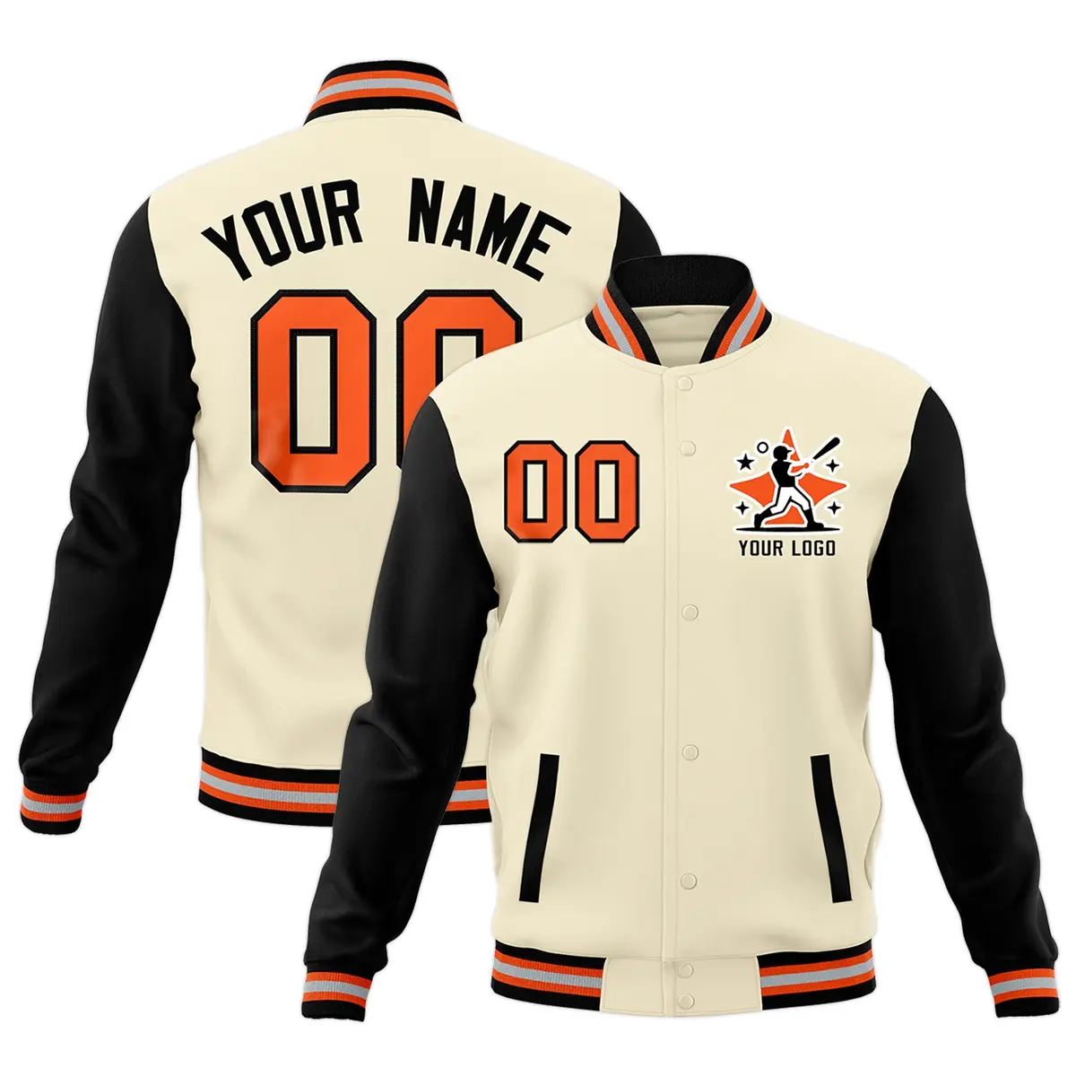 Cream Black Orange Raglan Full-Snap Letterman Cotton Jacket