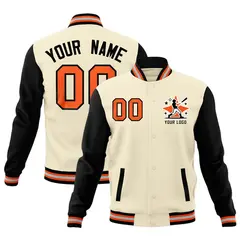 Cream Black Orange Raglan Full-Snap Letterman Cotton Jacket