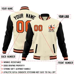 Cream Black Orange Raglan Full-Snap Letterman Cotton Jacket 2