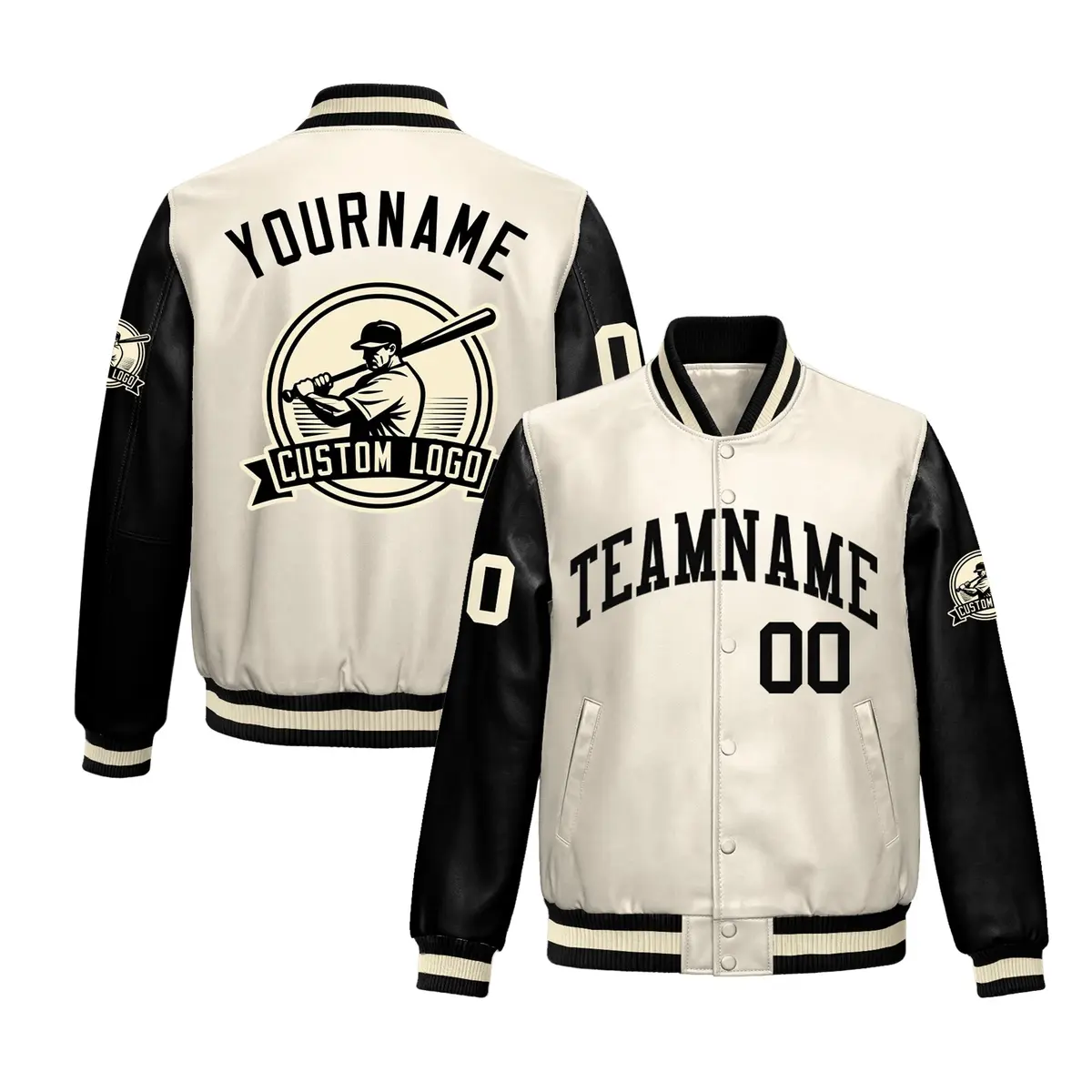 Cream Black Raglan Full-Snap Faux Leather Letterman Jacket