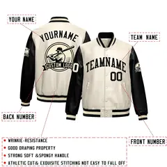 Cream Black Raglan Full-Snap Faux Leather Letterman Jacket 2