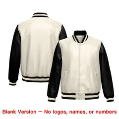 Cream Black Raglan Full-Snap Faux Leather Letterman Jacket 6
