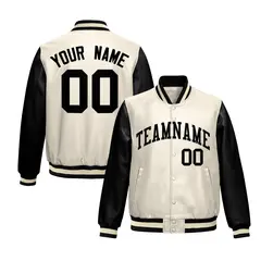 Cream Black Raglan Full-Snap Varsity Faux Leather Letterman Jacket