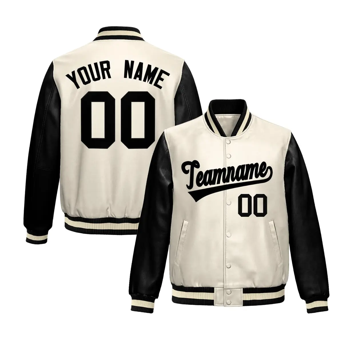 Cream Black Raglan Full-Snap Varsity Faux Leather Letterman Jacket
