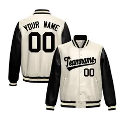 Cream Black Raglan Full-Snap Varsity Faux Leather Letterman Jacket 1