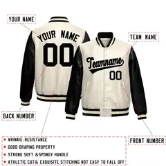 Cream Black Raglan Full-Snap Varsity Faux Leather Letterman Jacket 2
