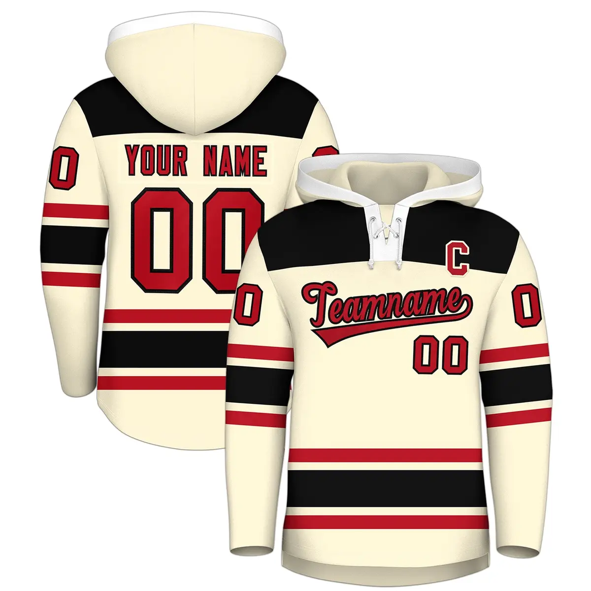 Cream Black Raglan Lace-Up Neck Hockey Hoodie Jersey