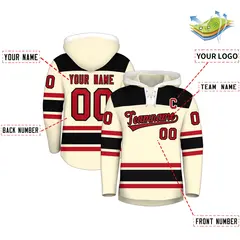 Cream Black Raglan Lace-Up Neck Hockey Hoodie Jersey 2