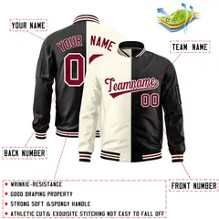 Cream Black Split Two Tone Full-Zip Varsity Letterman Bomber Jacket 2