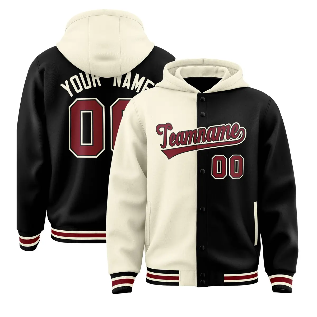 Cream Black Two Tone Split Varsity Letterman Jacket Hoodie
