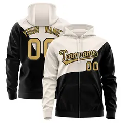 Cream Black Wave Color Block Varsity Full-Zip Letterman Jacket Hoodie
