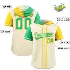 Cream Bright Green Gold Split Raglan Baseball Hoodie Jersey 2