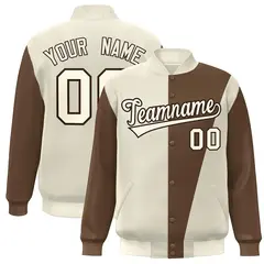 Cream Brown Color Block Varsity Full-Snap Bomber Jacket