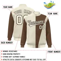 Cream Brown Color Block Varsity Full-Snap Bomber Jacket 2