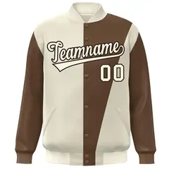 Cream Brown Color Block Varsity Full-Snap Bomber Jacket 3