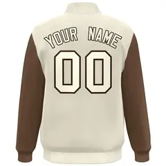 Cream Brown Color Block Varsity Full-Snap Bomber Jacket 4