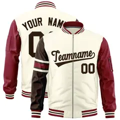 Cream Brown-Crimson Varsity Stripe Raglan Letterman Bomber Jacket