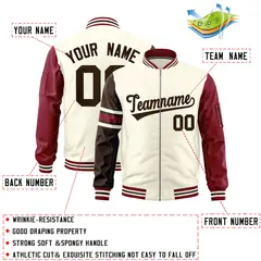 Cream Brown-Crimson Varsity Stripe Raglan Letterman Bomber Jacket 2