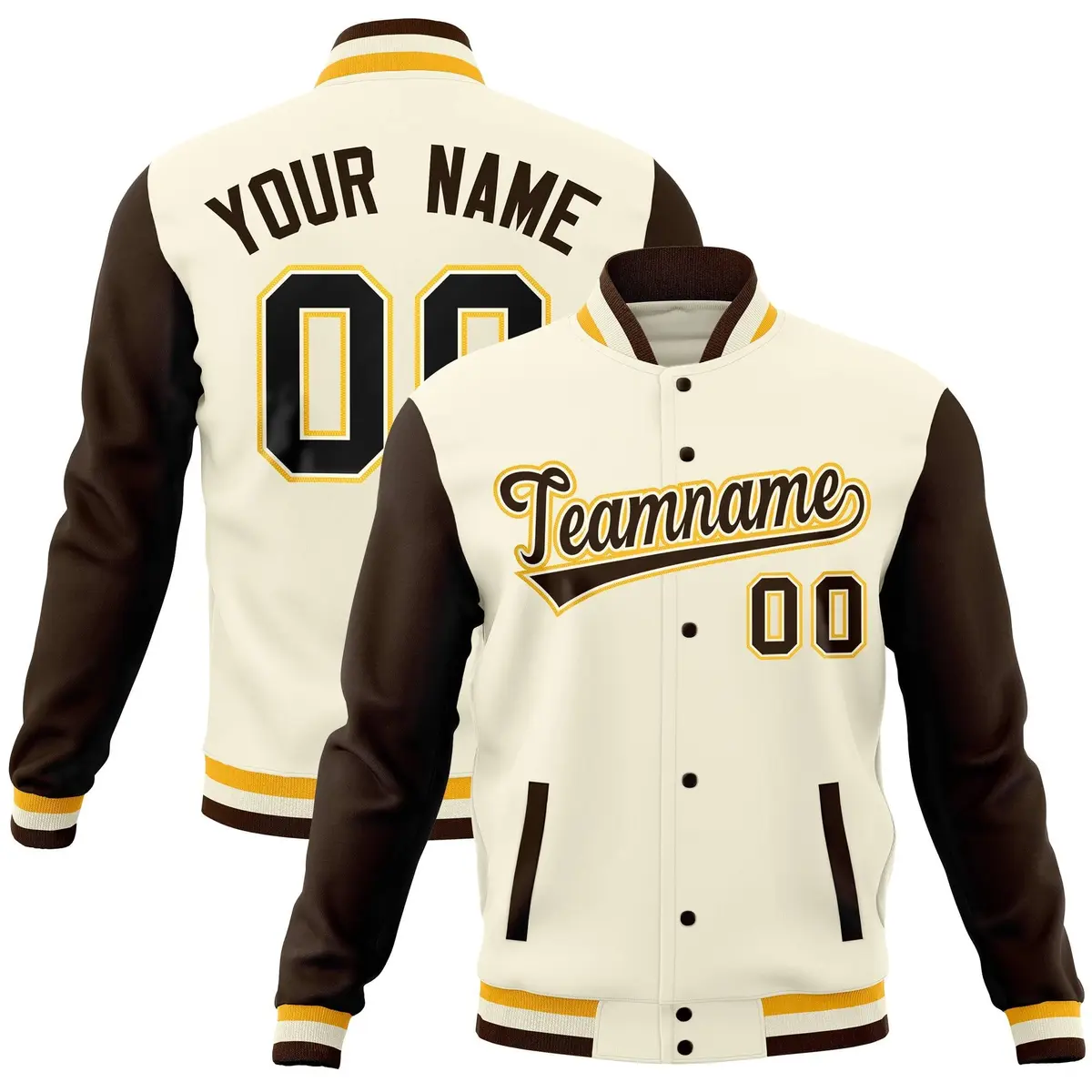 Cream Brown Raglan Full-Snap Varsity Letterman Baseball Jacket