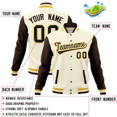 Cream Brown Raglan Full-Snap Varsity Letterman Baseball Jacket 4