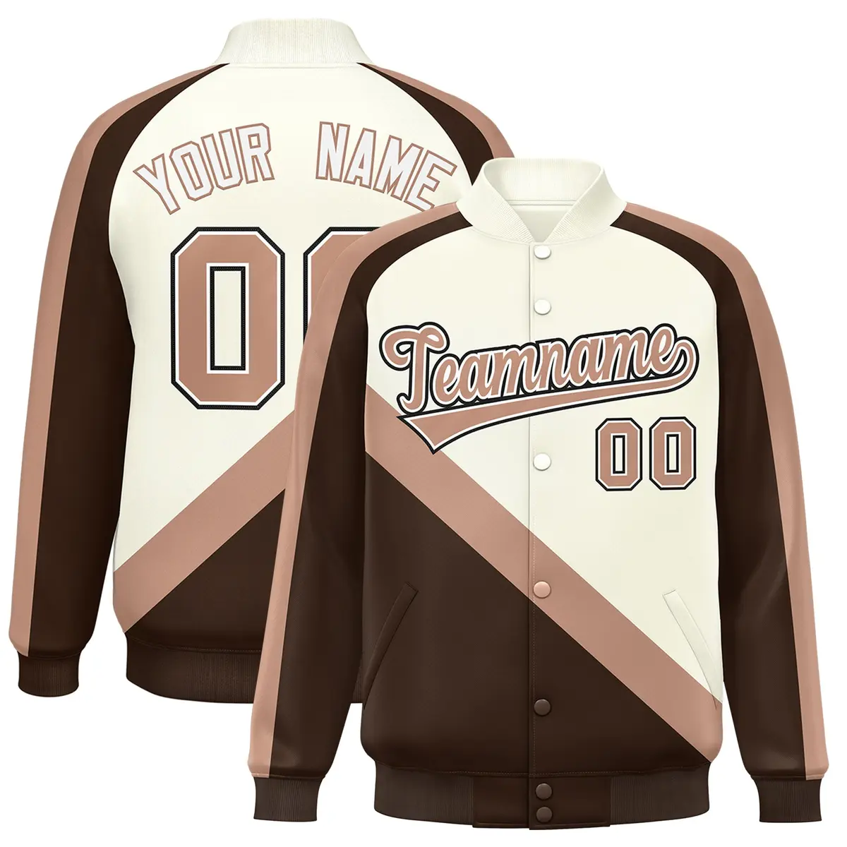 Cream Brown Raglan Varsity Full-Snap Letterman Baseball Jacket