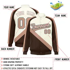 Cream Brown Raglan Varsity Full-Snap Letterman Baseball Jacket 2
