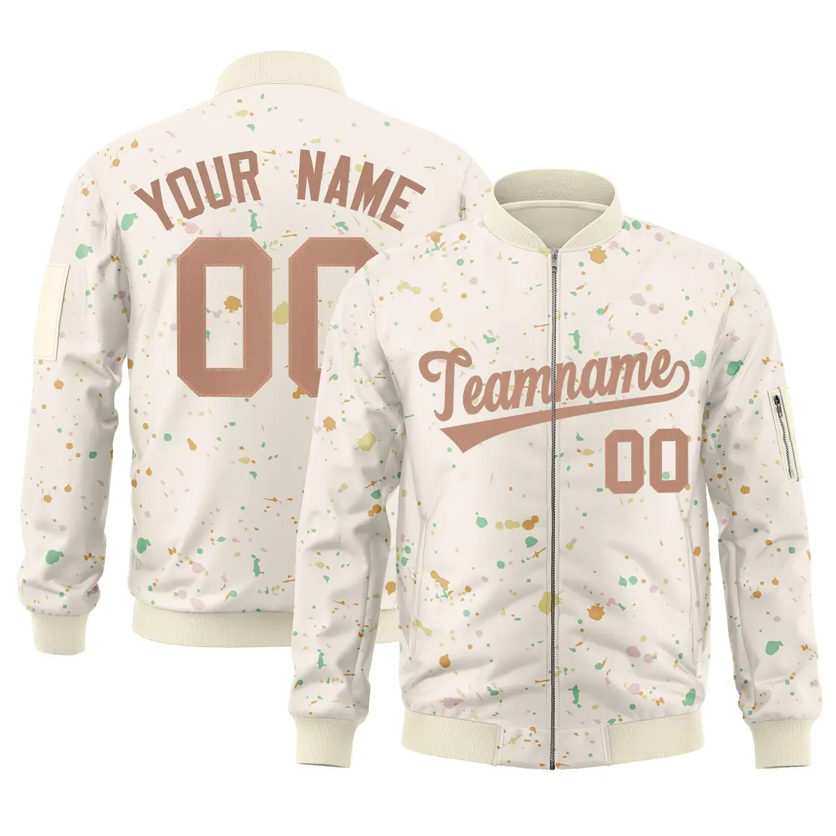 Cream Brown Splash Graffiti Varsity Full-Zip Letterman Jacket