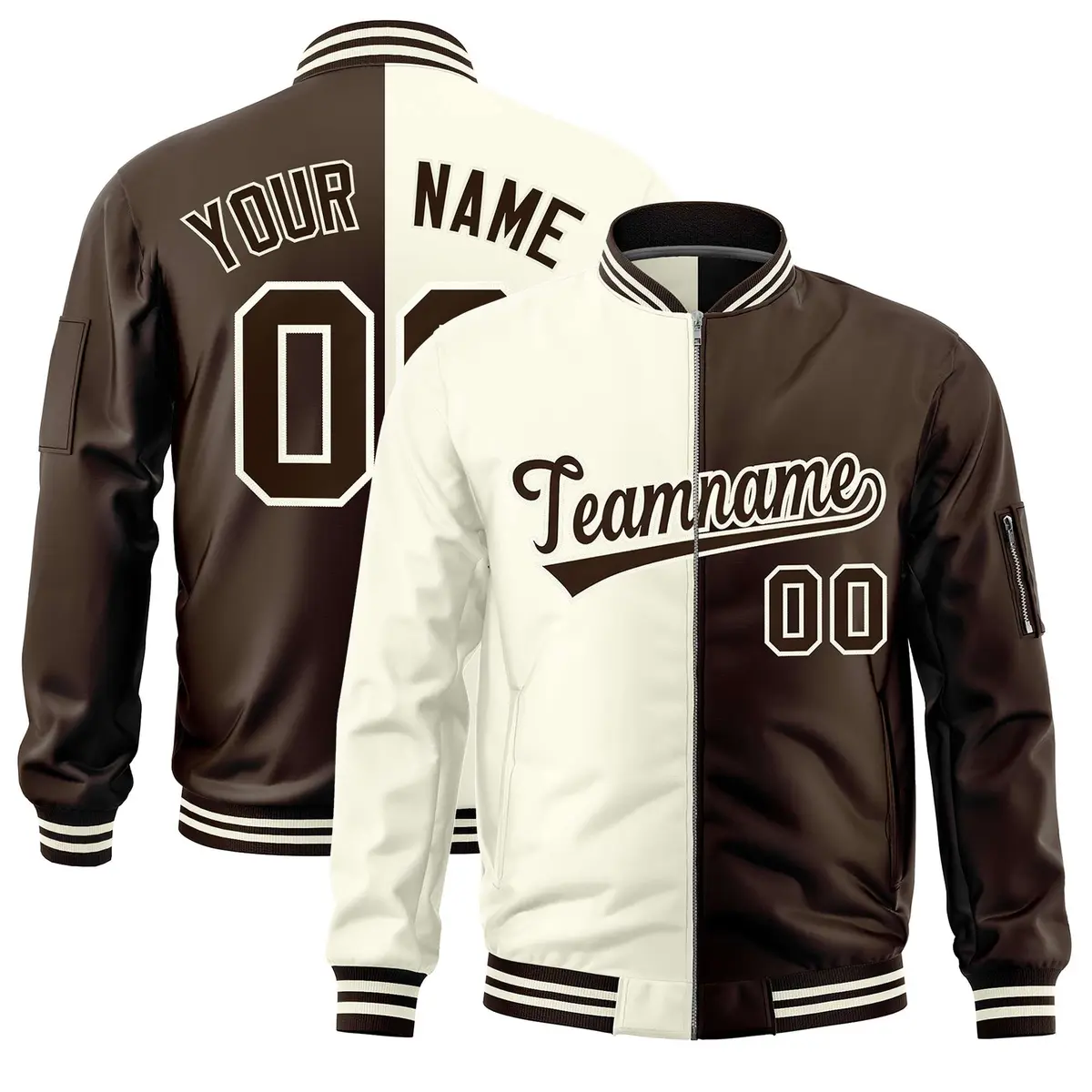 Cream Brown Two Tone Split Varsity Letterman Bomber Jacket