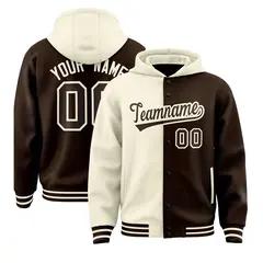 Cream Brown Two Tone Split Varsity Letterman Jacket Hoodie