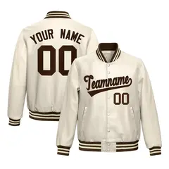 Cream Brown Varsity Full-Snap Faux Leather Letterman Jacket