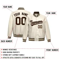 Cream Brown Varsity Full-Snap Faux Leather Letterman Jacket 2