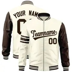 Cream Brown Varsity Full-Zip Raglan Stripe Letterman Bomber Jacket 1