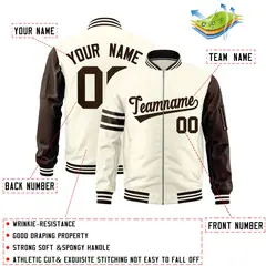 Cream Brown Varsity Full-Zip Raglan Stripe Letterman Bomber Jacket 2