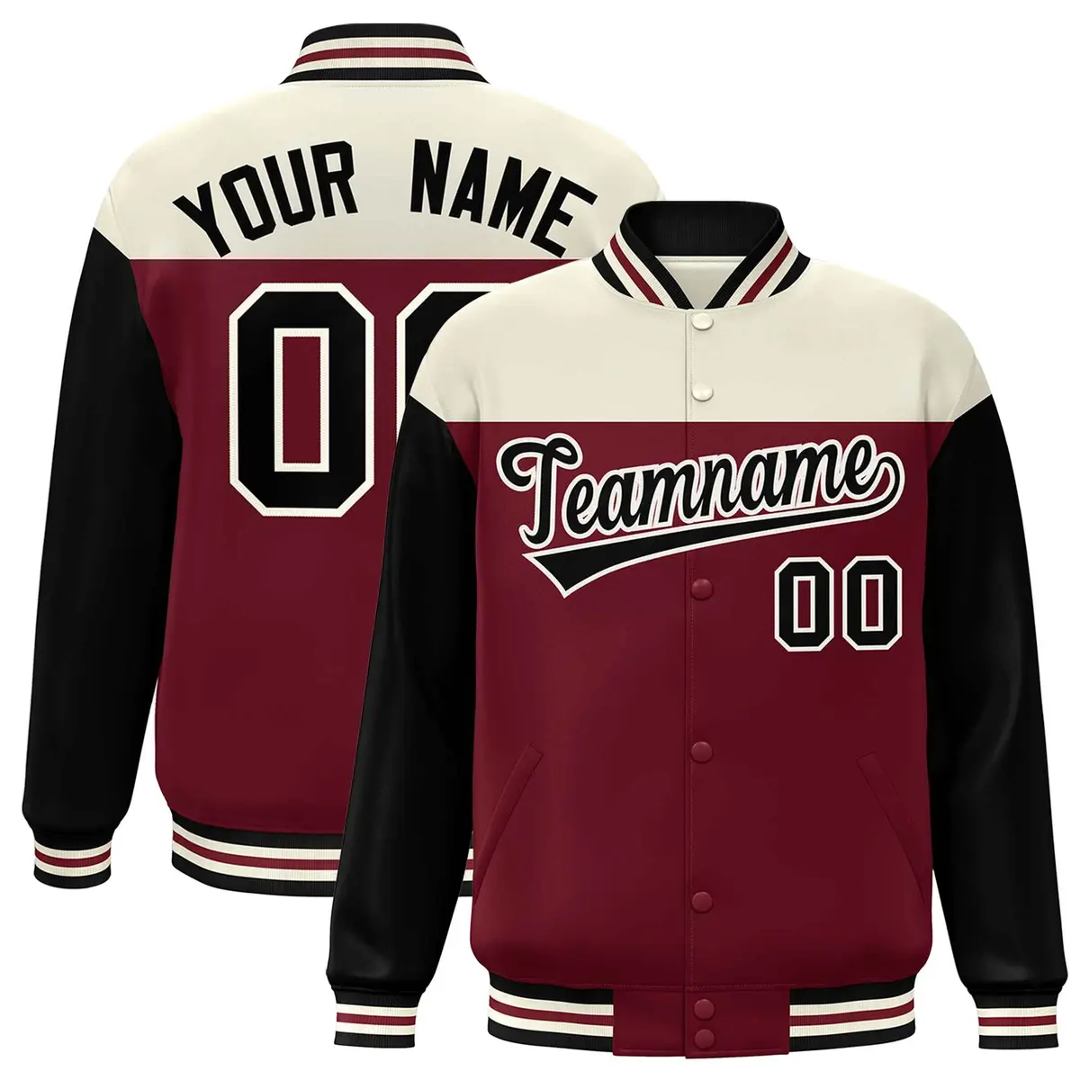 Cream Crimson-Black Color Block Letterman Varsity Baseball Jacket