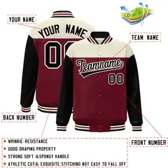Cream Crimson-Black Color Block Letterman Varsity Baseball Jacket 2