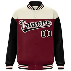 Cream Crimson-Black Color Block Letterman Varsity Baseball Jacket 3