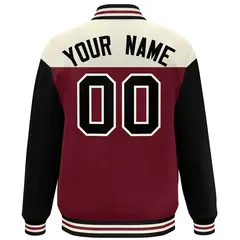 Cream Crimson-Black Color Block Letterman Varsity Baseball Jacket 4