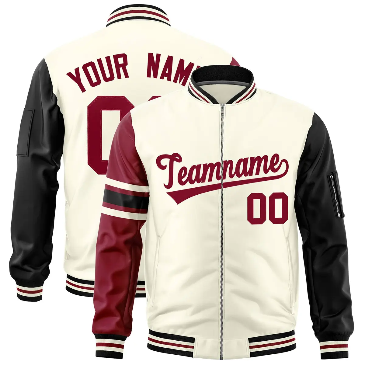 Cream Crimson-Black Varsity Stripe Raglan Letterman Bomber Jacket