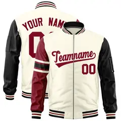 Cream Crimson-Black Varsity Stripe Raglan Letterman Bomber Jacket