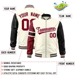 Cream Crimson-Black Varsity Stripe Raglan Letterman Bomber Jacket 2
