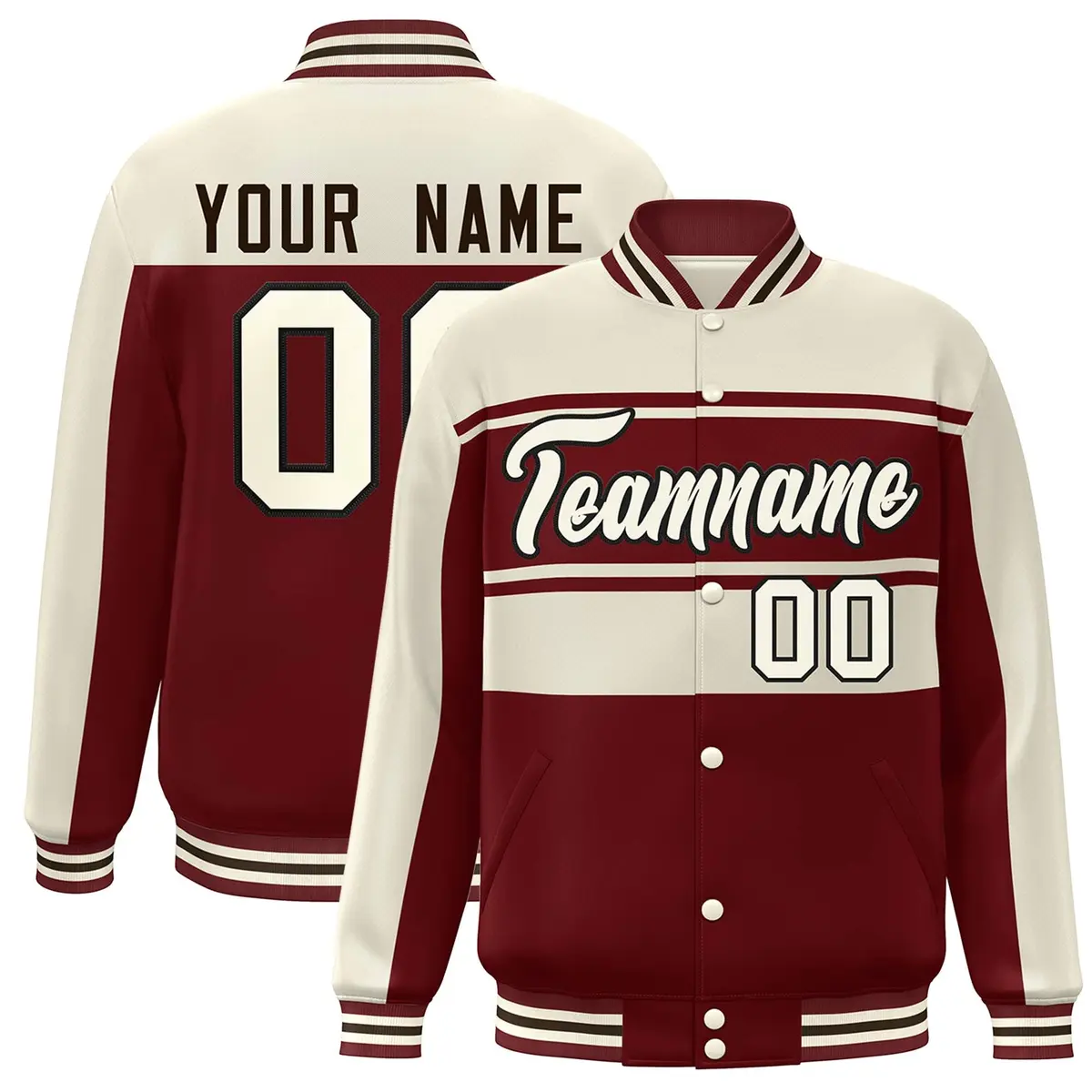 Cream Crimson Color Block Varsity Full-Snap Bomber Jacket