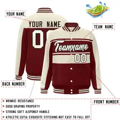 Cream Crimson Color Block Varsity Full-Snap Bomber Jacket 2