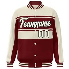 Cream Crimson Color Block Varsity Full-Snap Bomber Jacket 3
