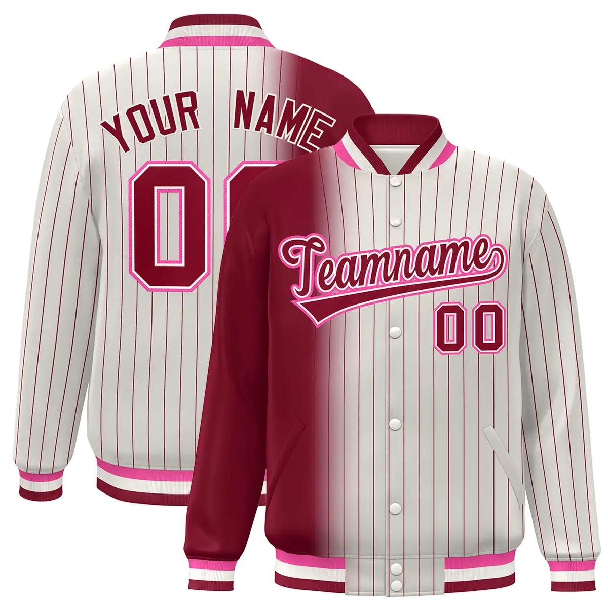 Cream Crimson Gradient Pinstripe Varsity Full-Snap Letterman Jacket