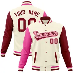 Cream Crimson-Pink Raglan Full-Snap Varsity Letterman Jacket 1